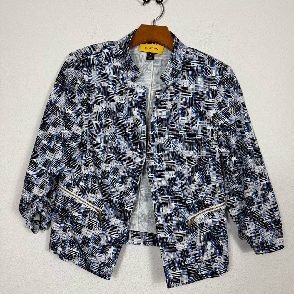 St.John Blue Black White Blazer sz 8